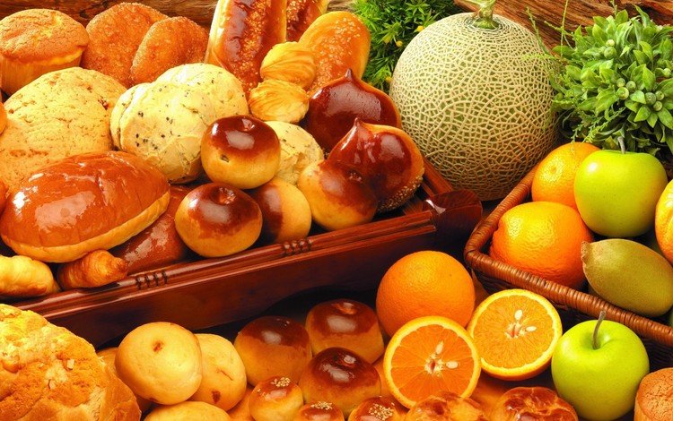 фрукты, яблоки, апельсины, выпечка, булочки, дыня, сдоба, хлебобулочные изделия, fruit, apples, oranges, cakes, buns, melon, muffin, bakery products