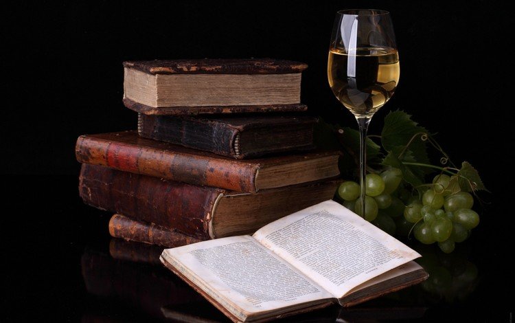 отражение, виноград, книги, бокал, вино, белое, натюрморт, reflection, grapes, books, glass, wine, white, still life