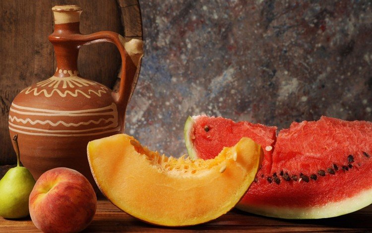фрукты, арбуз, яблоко, кувшин, персик, натюрморт, груша, дыня, fruit, watermelon, apple, pitcher, peach, still life, pear, melon