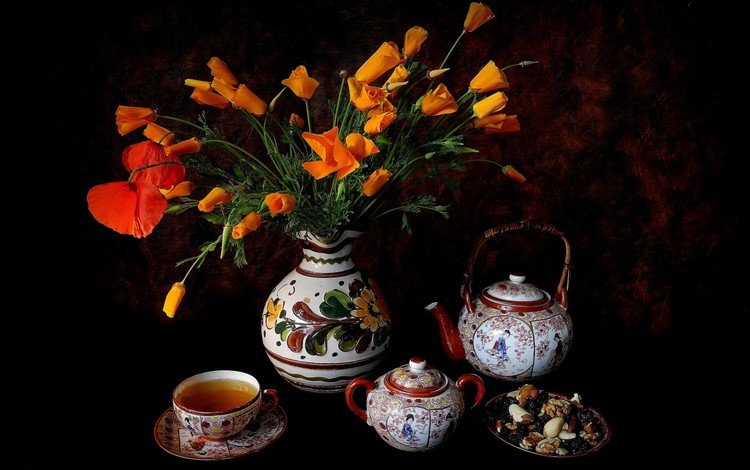 цветы, эшшольция, орехи, фон, маки, чашка, чай, чайник, натюрморт, flowers, escholzia, nuts, background, maki, cup, tea, kettle, still life
