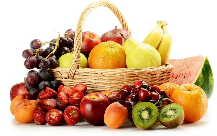 виноград, ягоды, фрукты, киви, яблоки, бананы, апельсины, груши, клубника, абрикосы, черешня, нектарин, арбуз, корзина, grapes, berries, fruit, kiwi, apples, bananas, oranges, pear, strawberry, apricots, cherry, nectarine, watermelon, basket