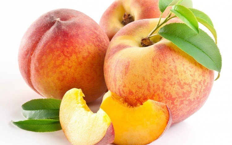 фрукты, белый фон, дольки, персики, листики, fruit, white background, slices, peaches, leaves