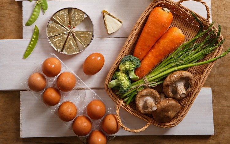 зелёный, спаржа, грибы, плавленый, сыр, яйца, горох, морковь, капуста, брокколи, green, asparagus, mushrooms, processed, cheese, eggs, peas, carrots, cabbage, broccoli