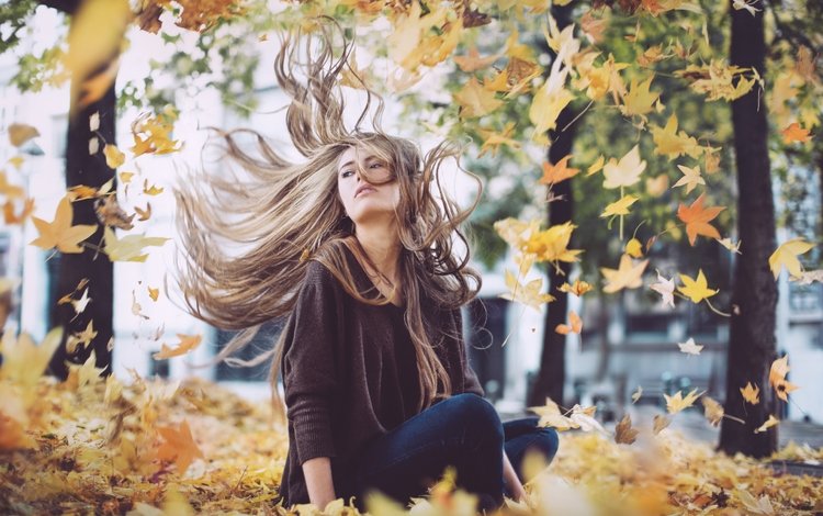 листья, девушка, осень, волосы, дэвид olkarny, leaves, girl, autumn, hair, david olkarny