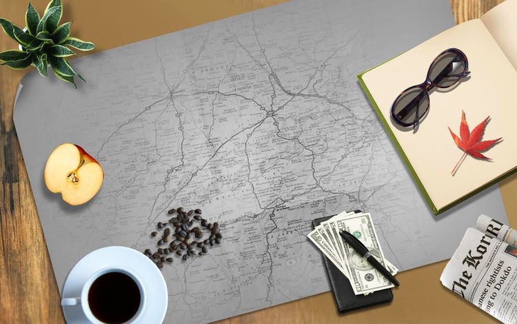 кофе, вещи, карта, письменный стол, coffee, things, map, desk
