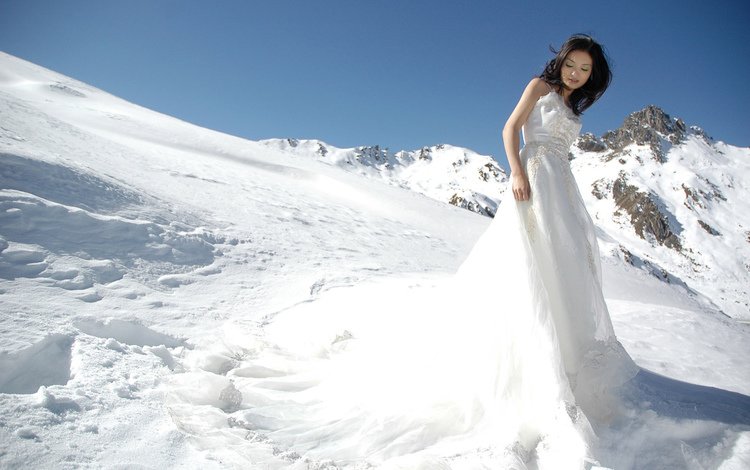 горы, снег, девушка, платье, азиатка, mountains, snow, girl, dress, asian