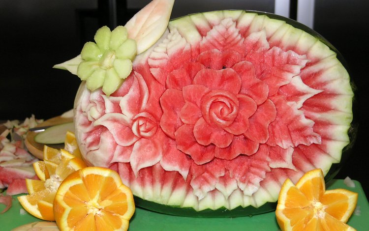 цветы, фрукты, апельсины, арбуз, креатив, натюрморт, flowers, fruit, oranges, watermelon, creative, still life