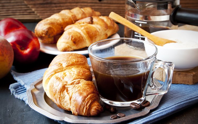 кофе, завтрак, сливки, кубок, круасан, круассаны, coffee, breakfast, cream, cup, croissant, croissants