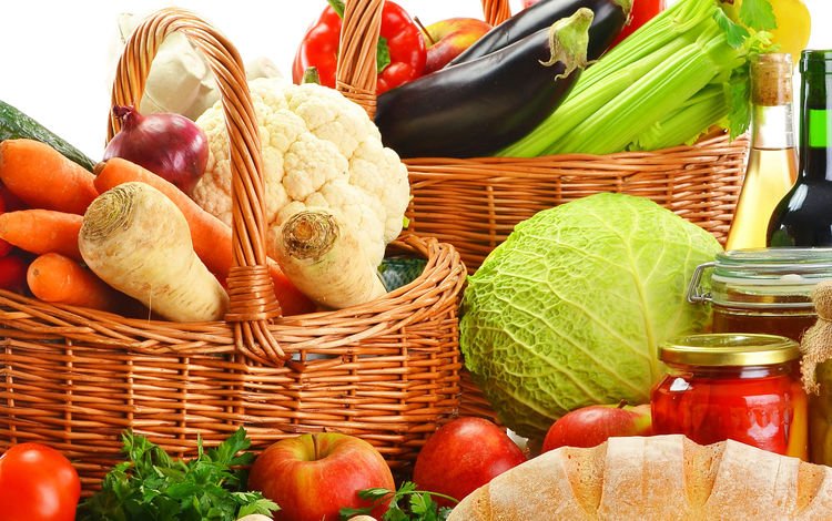 яблоки, капуста, лук, хлеб, овощи, корзинка, морковь, баклажаны, перец, apples, cabbage, bow, bread, vegetables, basket, carrots, eggplant, pepper