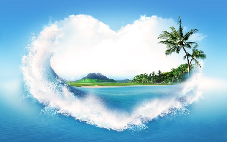 вода, берег, море, песок, брызги, пальмы, сердце, креатив, water, shore, sea, sand, squirt, palm trees, heart, creative
