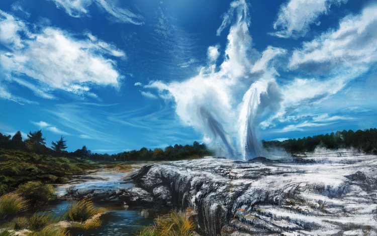 небо, геотермальный источник, арт, трава, облака, река, камни, пейзаж, гейзер, the sky, art, grass, clouds, river, stones, landscape, geyser