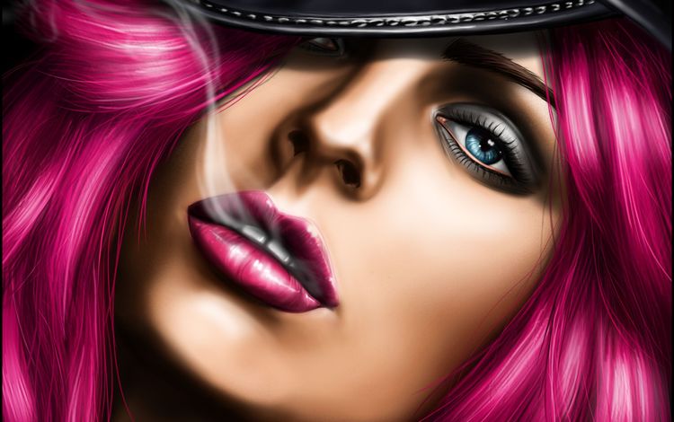 арт, chihuahuasin the mist, девушка, портрет, взгляд, дым, лицо, шляпа, розовые волосы, art, girl, portrait, look, smoke, face, hat, pink hair