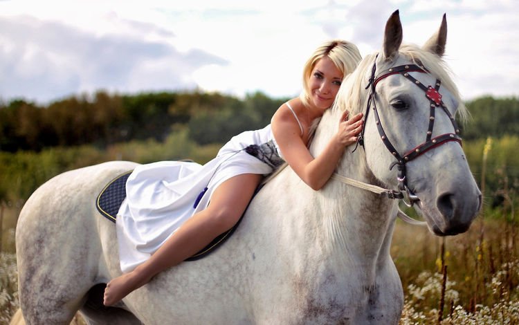 лошадь, девушка, платье, блондинка, horse, girl, dress, blonde
