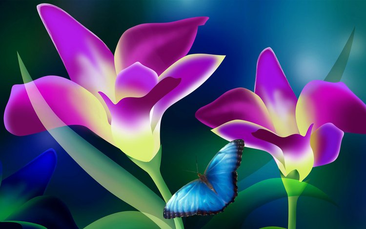 цветы, листья, фон, лепестки, бабочка, векторная графика, flowers, leaves, background, petals, butterfly, vector graphics