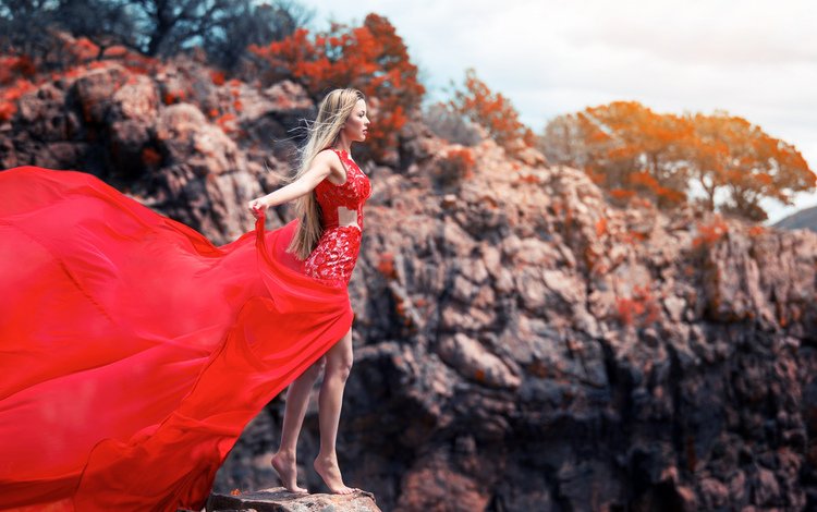 девушка, платье, красное, girl, dress, red