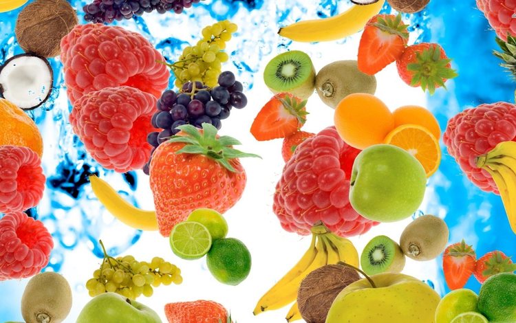 киви, виноград, банан, малина, кокос, фрукты, апельсины, ананас, клубника, ягоды, яблоко, лайм, kiwi, grapes, banana, raspberry, coconut, fruit, oranges, pineapple, strawberry, berries, apple, lime