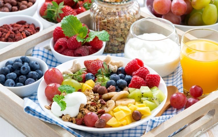 фрукты, ягоды, завтрак, хлопья, сок, овсянка, fruit, berries, breakfast, cereal, juice, oatmeal