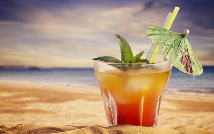 небо, мята, напиток, песок, пляж, коктейль, зонтик, the sky, mint, drink, sand, beach, cocktail, umbrella