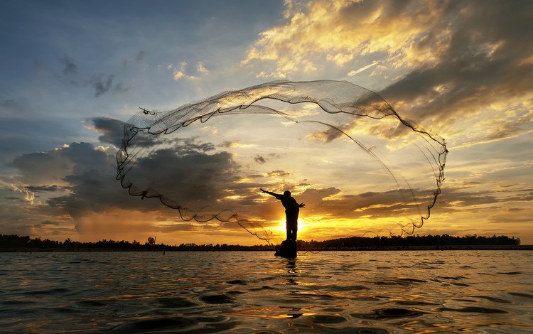 озеро, бросает, река, восход, солнце, утро, лодка, сеть, рыбак, lake, throws, river, sunrise, the sun, morning, boat, network, fisherman