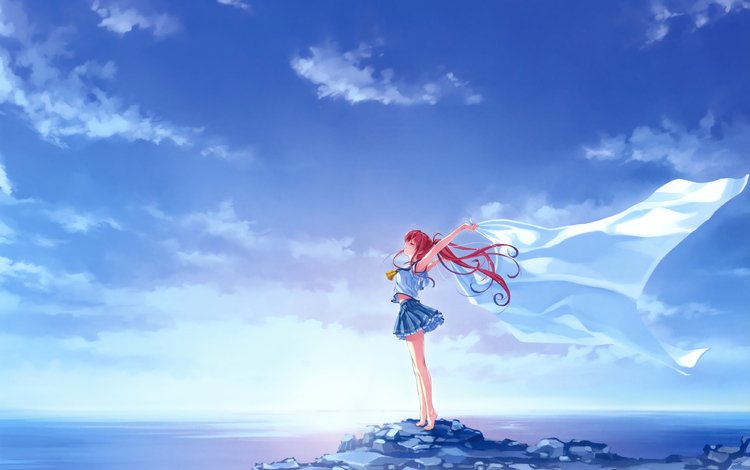 небо, девушка, аниме, ткань, ветер, свобода, длинные волосы, the sky, girl, anime, fabric, the wind, freedom, long hair