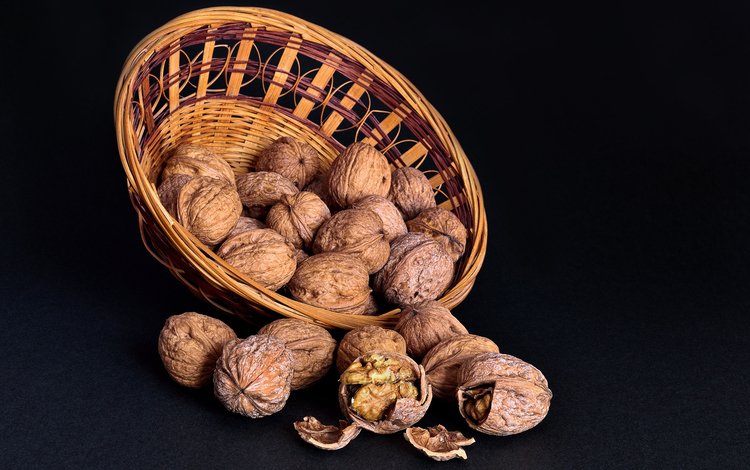 орехи, ядро, черный фон, корзинка, скорлупа, грецкие орехи, nuts, -, black background, basket, shell, walnuts