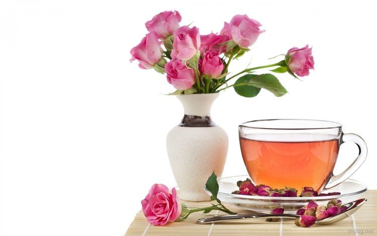 цветы, розы, букет, чашка, чай, ложка, flowers, roses, bouquet, cup, tea, spoon