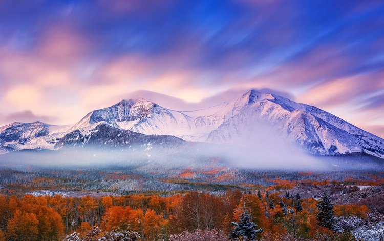 небо, горы, снег, лес, утро, осень, the sky, mountains, snow, forest, morning, autumn