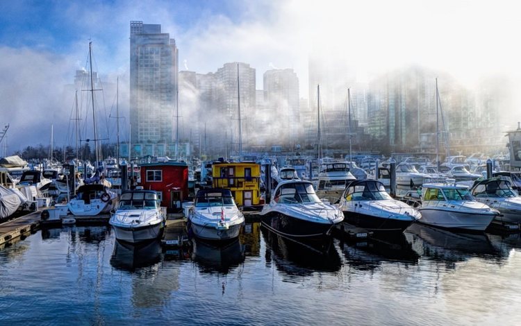 туман, город, лодки, дома, ванкувер, канада, гавань, угольный порт, fog, the city, boats, home, vancouver, canada, harbour, coal port