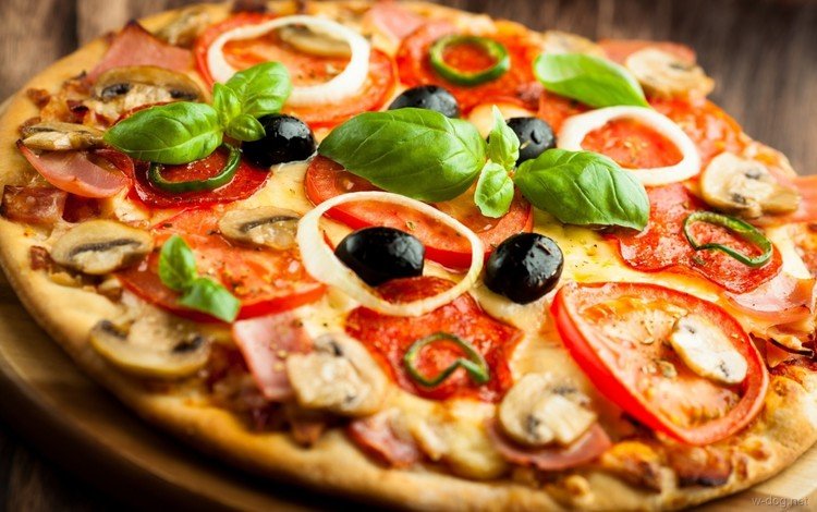 грибы, сыр, выпечка, помидоры, пицца, маслины, блюдо, ветчина, mushrooms, cheese, cakes, tomatoes, pizza, olives, dish, ham