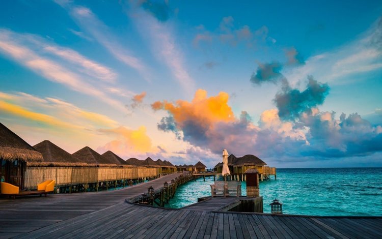 облака, горизонт, бунгало, тропики, мальдивы, clouds, horizon, bungalow, tropics, the maldives