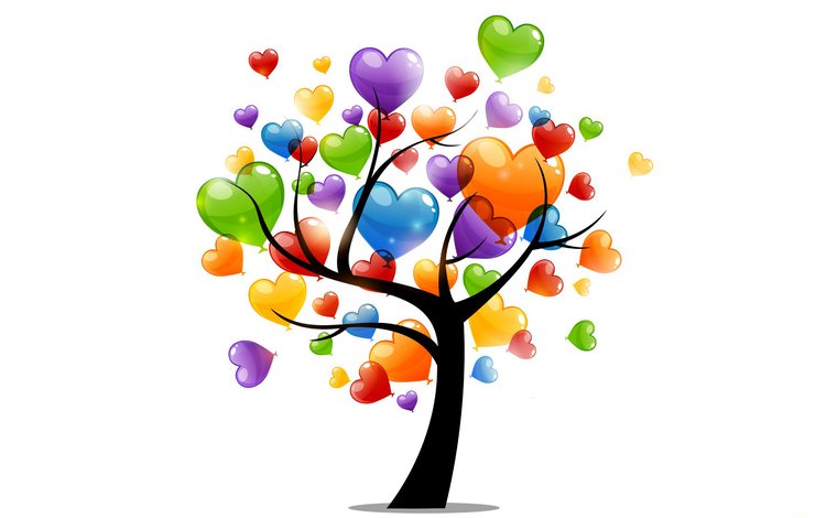 дерево, разноцветные, сердце, любовь, белый фон, сердечки, воздушные шарики, tree, colorful, heart, love, white background, hearts, balloons