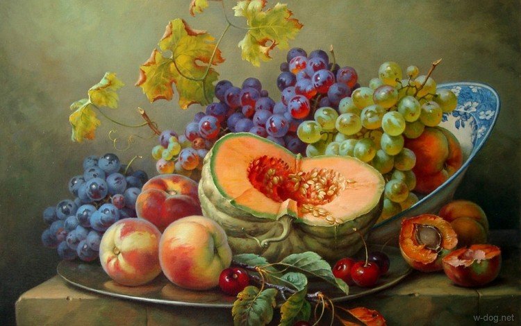 картина, натюрморт, виноград, абрикосы, фрукты, gabor toth, ягоды, вишня, овощи, персики, тыква, picture, still life, grapes, apricots, fruit, berries, cherry, vegetables, peaches, pumpkin
