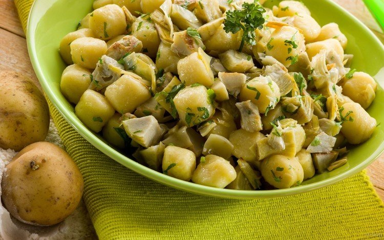 зелень, тарелка, картофель, блюдо, клецки, greens, plate, potatoes, dish, gnocchi