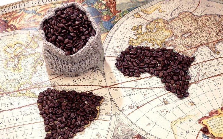 кофе, карта, кофейные зерна, путешествие, мешочек, coffee, map, coffee beans, journey, pouch