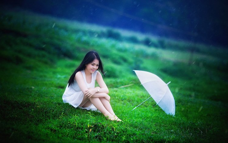 трава, девушка, лето, дождь, зонт, зонтик, азиатка, grass, girl, summer, rain, umbrella, asian