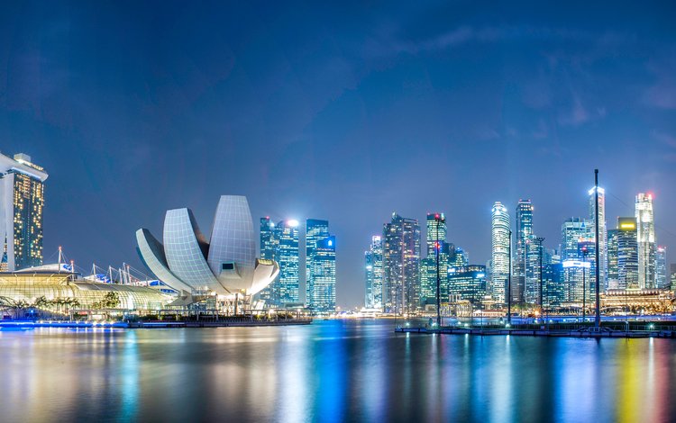 ночь, фонари, огни, дизайн, небоскребы, набережная, здания, сингапур, night, lights, design, skyscrapers, promenade, building, singapore