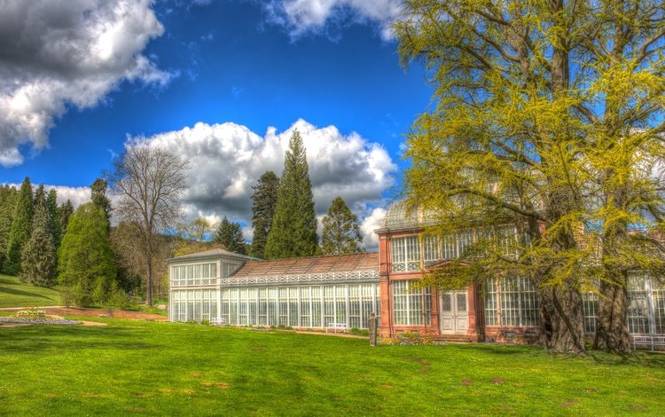 небо, облака, деревья, здание, schlosspark wilhelmshohe, the sky, clouds, trees, the building