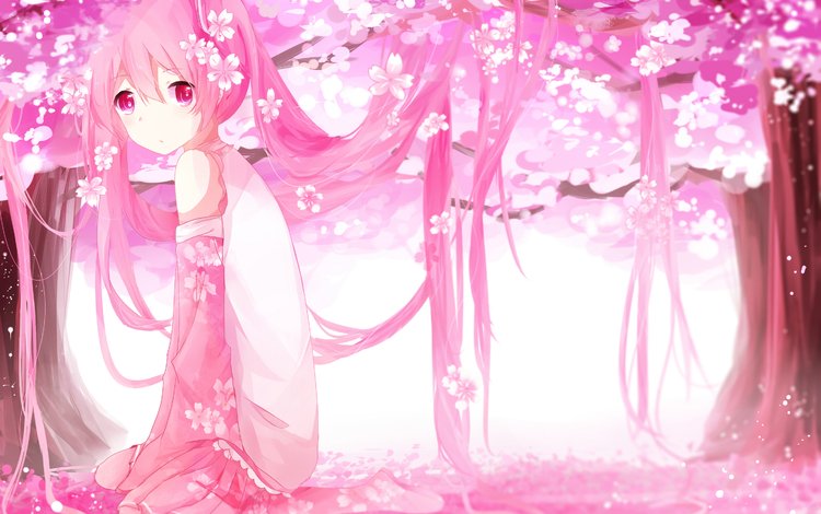цветы, sakura miku, арт, деревья, девушка, лепестки, аниме, вокалоид, сакура, flowers, art, trees, girl, petals, anime, vocaloid, sakura