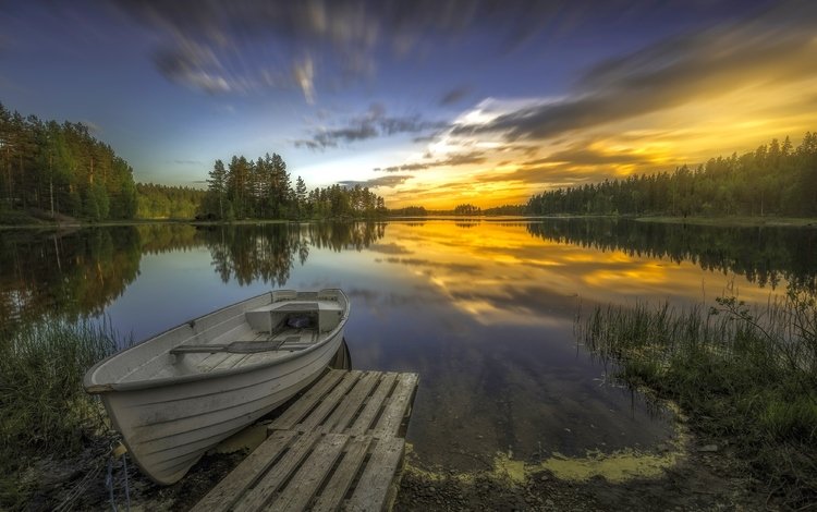 деревья, озеро, закат, отражение, лодка, норвегия, рингерике, trees, lake, sunset, reflection, boat, norway, ringerike