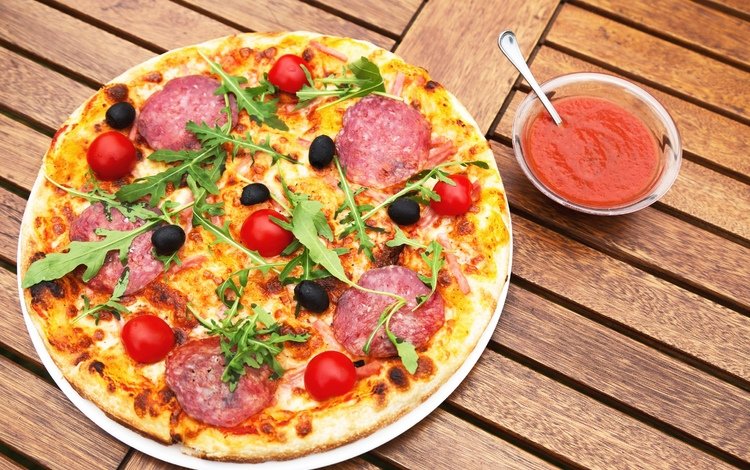 зелень, сыр, колбаса, помидоры, соус, томаты, пицца, greens, cheese, sausage, tomatoes, sauce, pizza