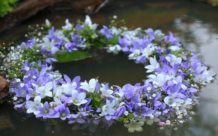 цветы, вода, белые, колокольчики, венок, сиреневые, flowers, water, white, bells, wreath, lilac
