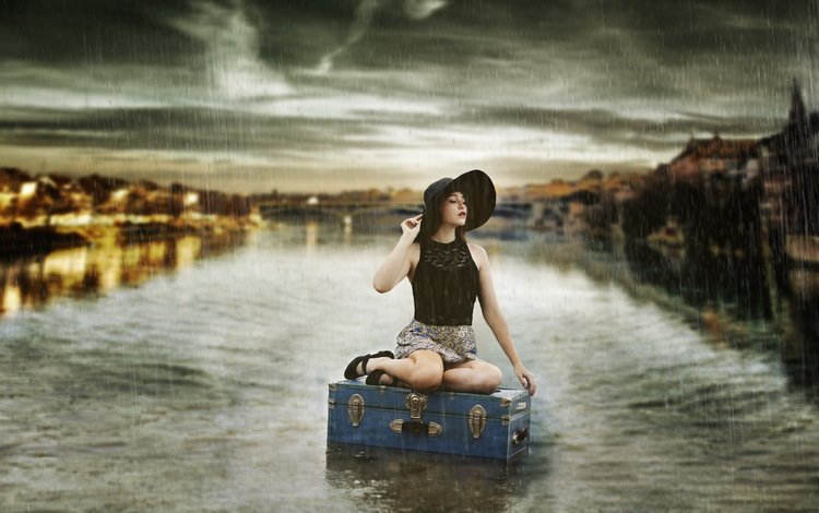 девушка, брюнетка, дождь, шляпа, чемодан, girl, brunette, rain, hat, suitcase