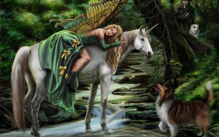 волшебный лес, арт, девушка, фэнтези, собака, фея, охотник, единорог, faerie steed, sandra chang, magic forest, art, girl, fantasy, dog, fairy, hunter, unicorn
