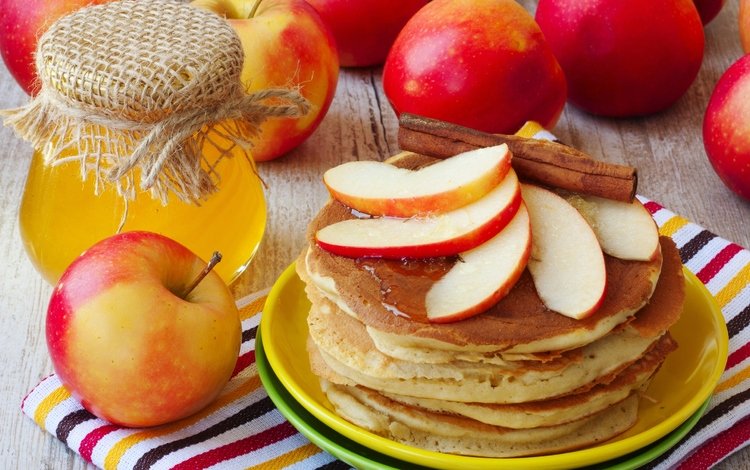 яблоки, джем, мед, блинчики, блины, apples, jam, honey, pancakes