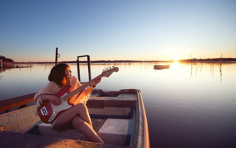 озеро, девушка, гитара, музыка, лодка, lake, girl, guitar, music, boat