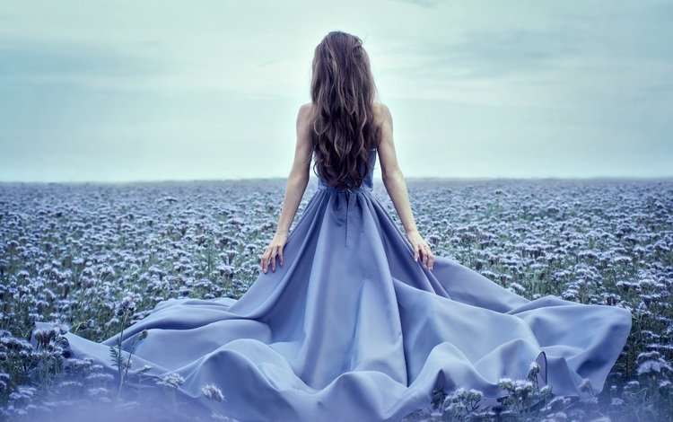 Девушка в сиреневом платье в поле цветов