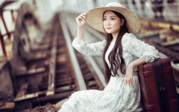 железная дорога, девушка, настроение, шляпа, азиатка, чемодан, railroad, girl, mood, hat, asian, suitcase