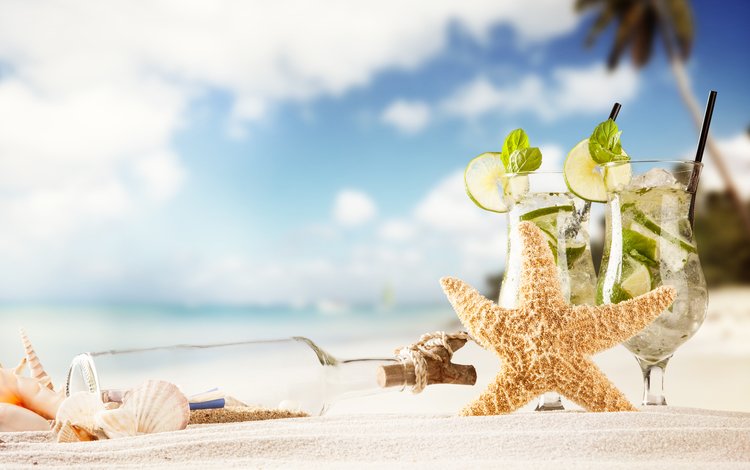 мята, бутылка, песок, морская звезда, пляж, лето, ракушки, лайм, коктейль, напитки, mint, bottle, sand, starfish, beach, summer, shell, lime, cocktail, drinks