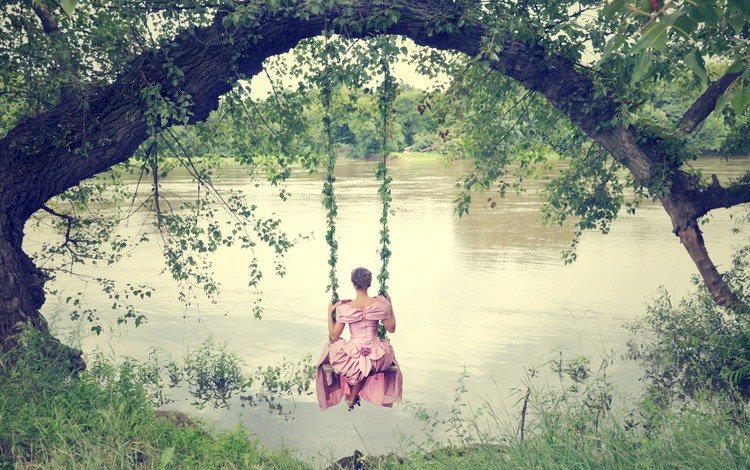 река, природа, девушка, настроение, платье, качели, river, nature, girl, mood, dress, swing