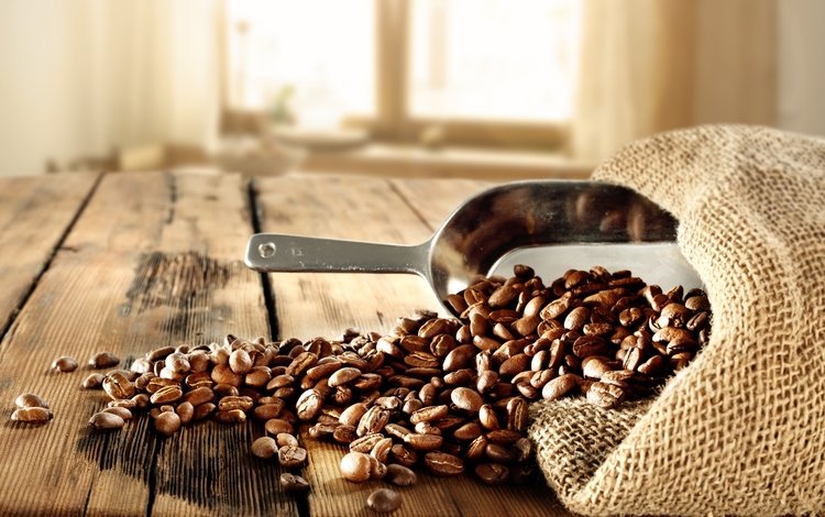зерна, кофе, стол, мешок, кофейные, кофейные зерна, совок, деревянная поверхность, grain, coffee, table, bag, coffee beans, scoop, wooden surface